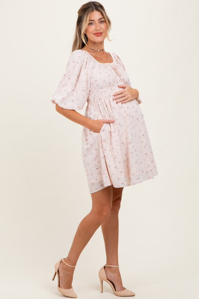 Cream Floral Square Neck Bubble Sleeve Maternity Dress