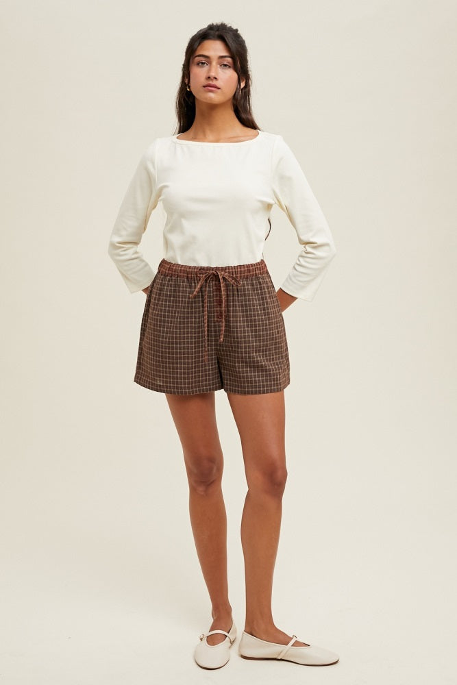 Brown Plaid Drawstring Button Accent Maternity Shorts