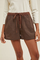Brown Plaid Drawstring Button Accent Shorts