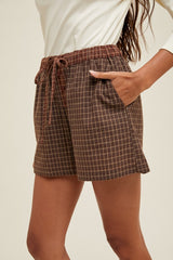 Brown Plaid Drawstring Button Accent Shorts
