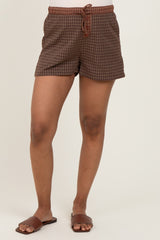 Brown Plaid Drawstring Button Accent Maternity Shorts