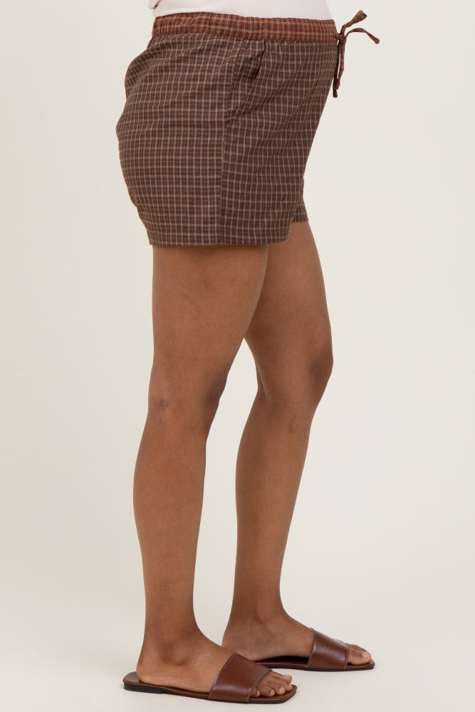 Brown Plaid Drawstring Button Accent Maternity Shorts