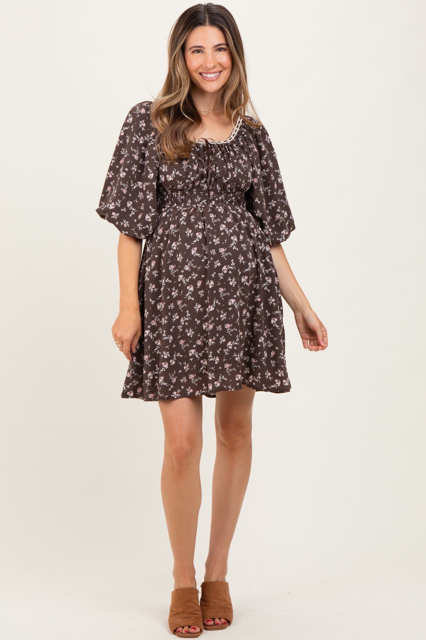 Brown Floral Square Neck Bubble Sleeve Maternity Dress