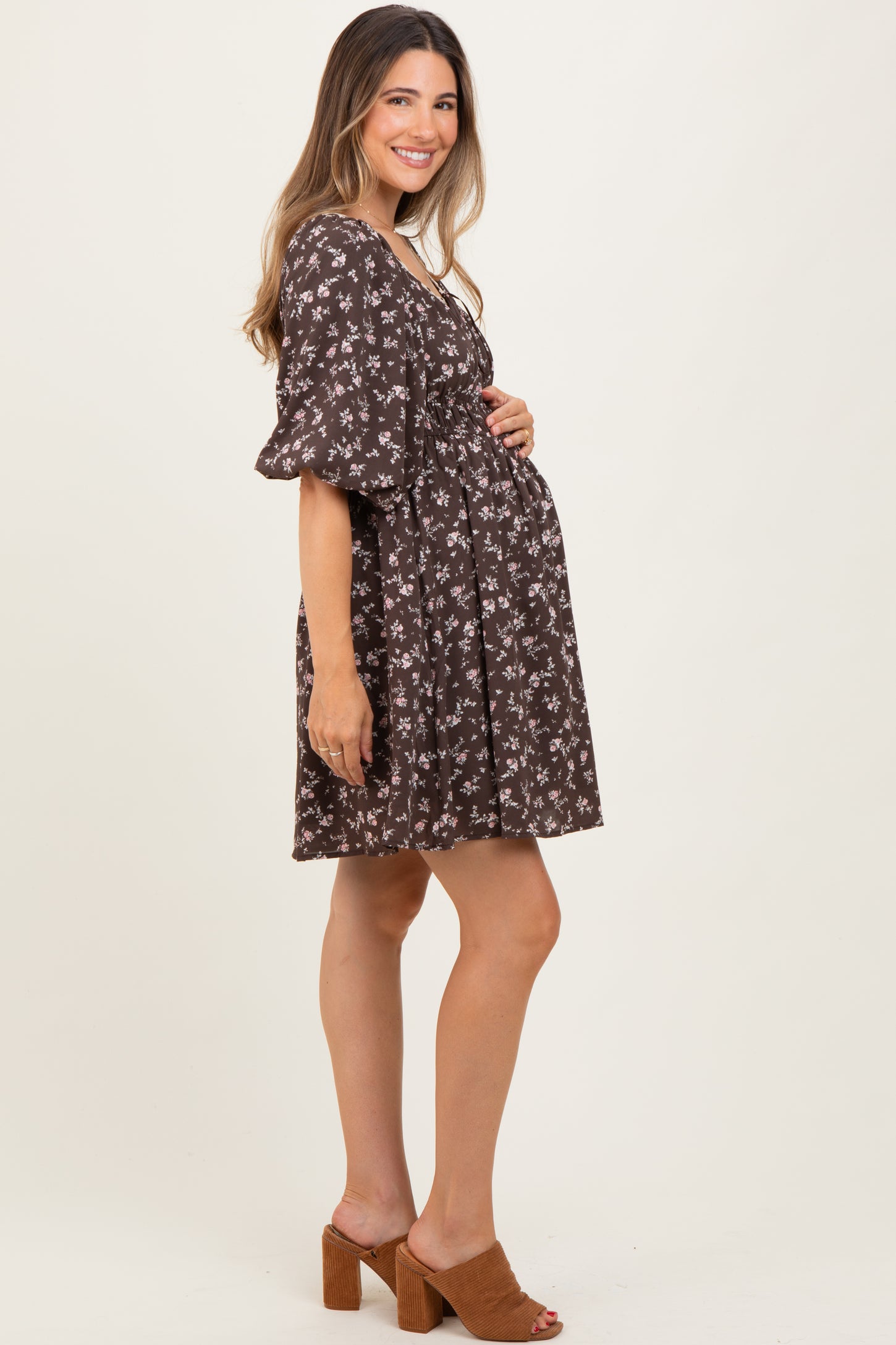 Brown Floral Square Neck Bubble Sleeve Maternity Dress