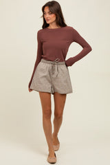 Taupe Plaid Drawstring Button Accent Shorts