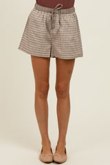 Taupe Plaid Drawstring Button Accent Shorts