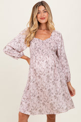 Pink Floral Sweetheart Neck Smocked Maternity Dress
