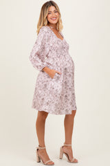 Pink Floral Sweetheart Neck Smocked Maternity Dress