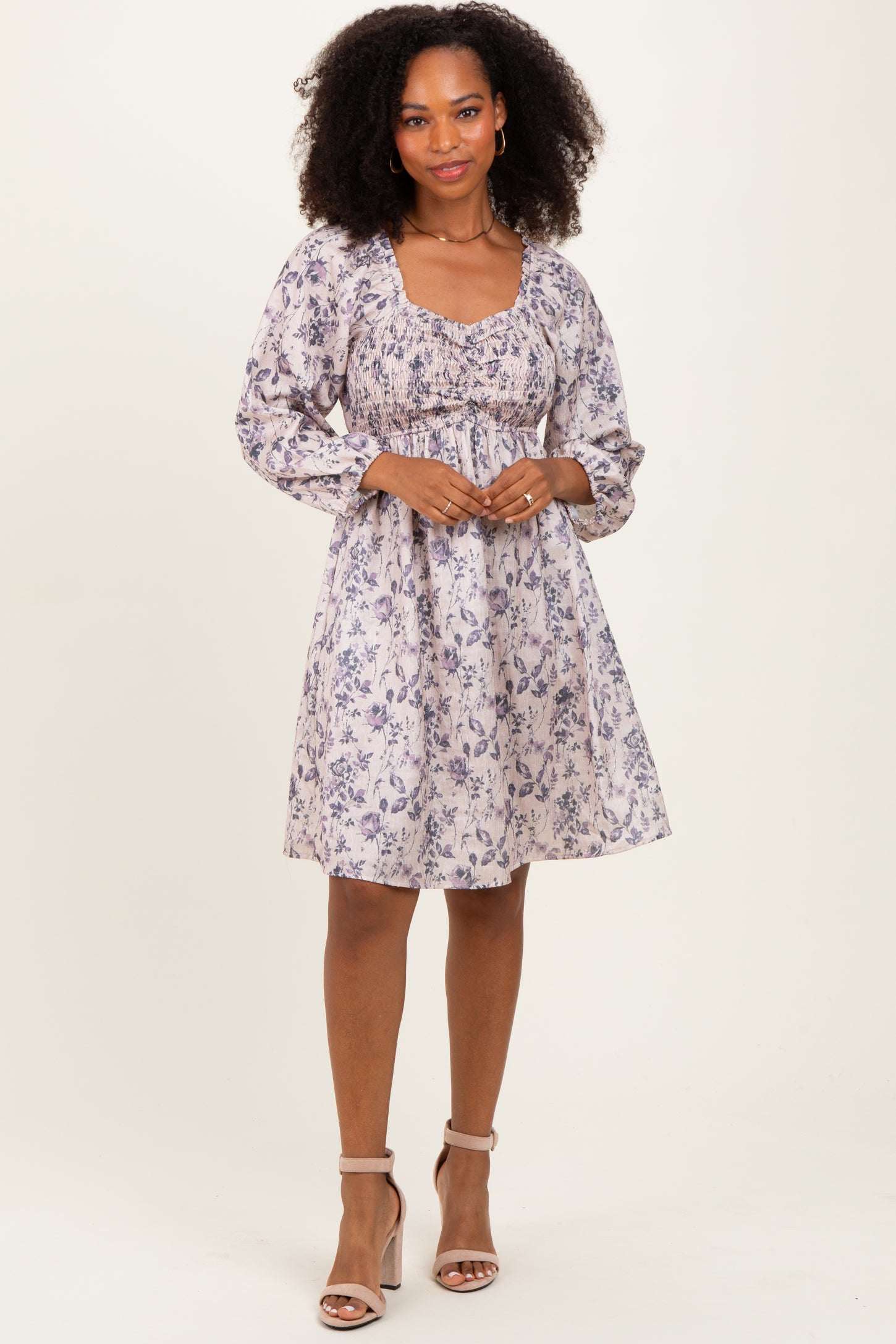 Cream Floral Sweetheart Neck Smocked Dress