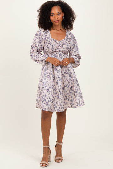 Cream Floral Sweetheart Neck Smocked Dress