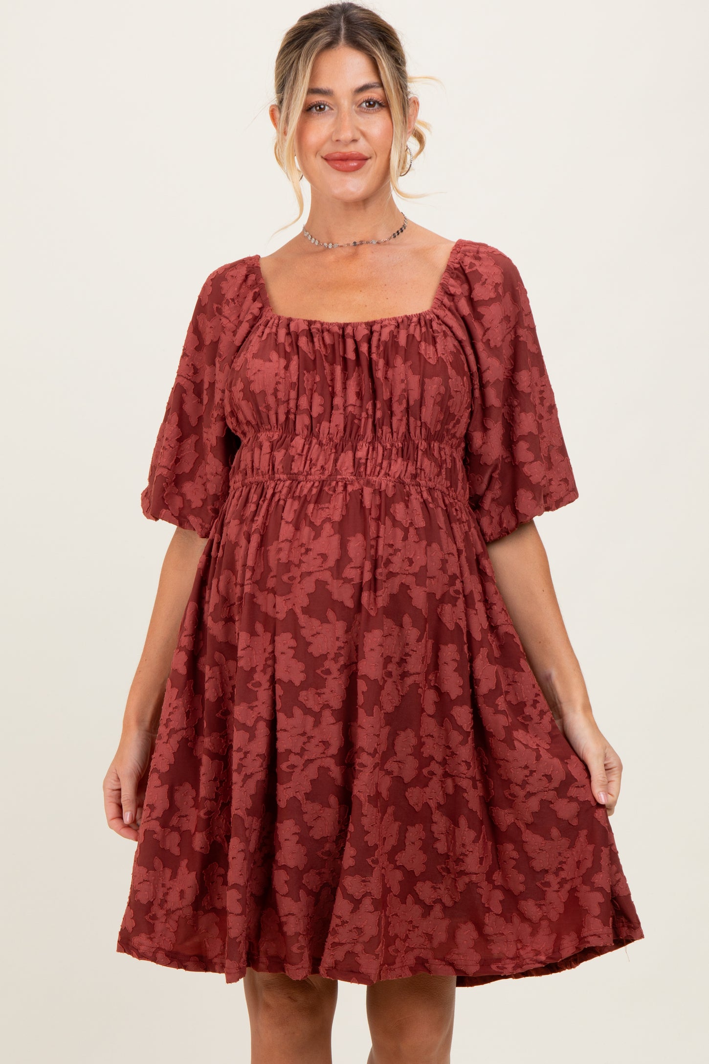 Burgundy Floral Square Neck Maternity Dress