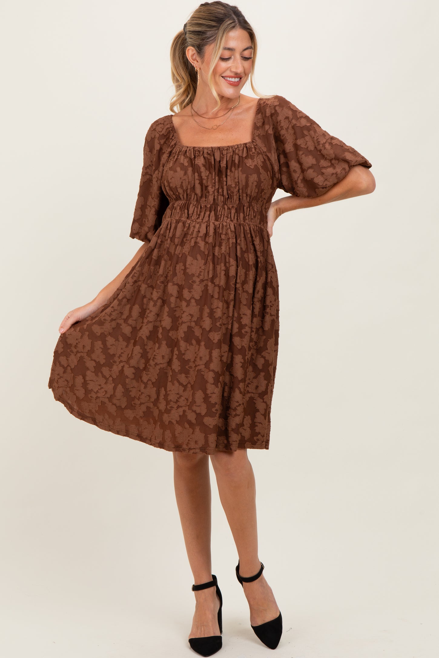 Brown Floral Square Neck Maternity Dress