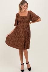 Brown Floral Square Neck Maternity Dress