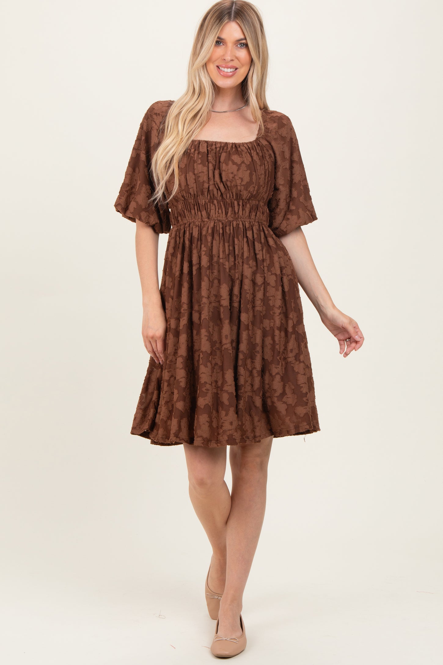 Brown Floral Square Neck Dress