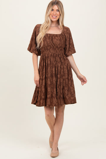 Brown Floral Square Neck Dress