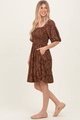Brown Floral Square Neck Dress
