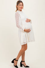 Cream Lace Smocked Long Sleeve Maternity Dress