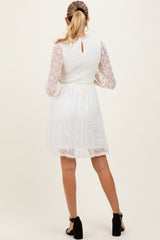 Cream Lace Smocked Long Sleeve Maternity Dress