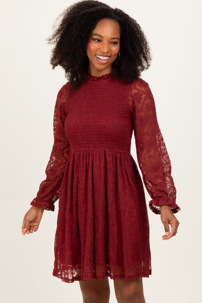 Red Lace Smocked Long Sleeve Dress