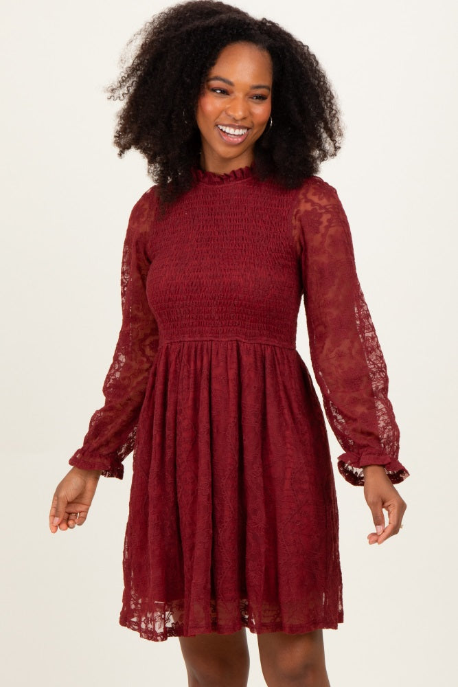 Red Lace Smocked Long Sleeve Dress