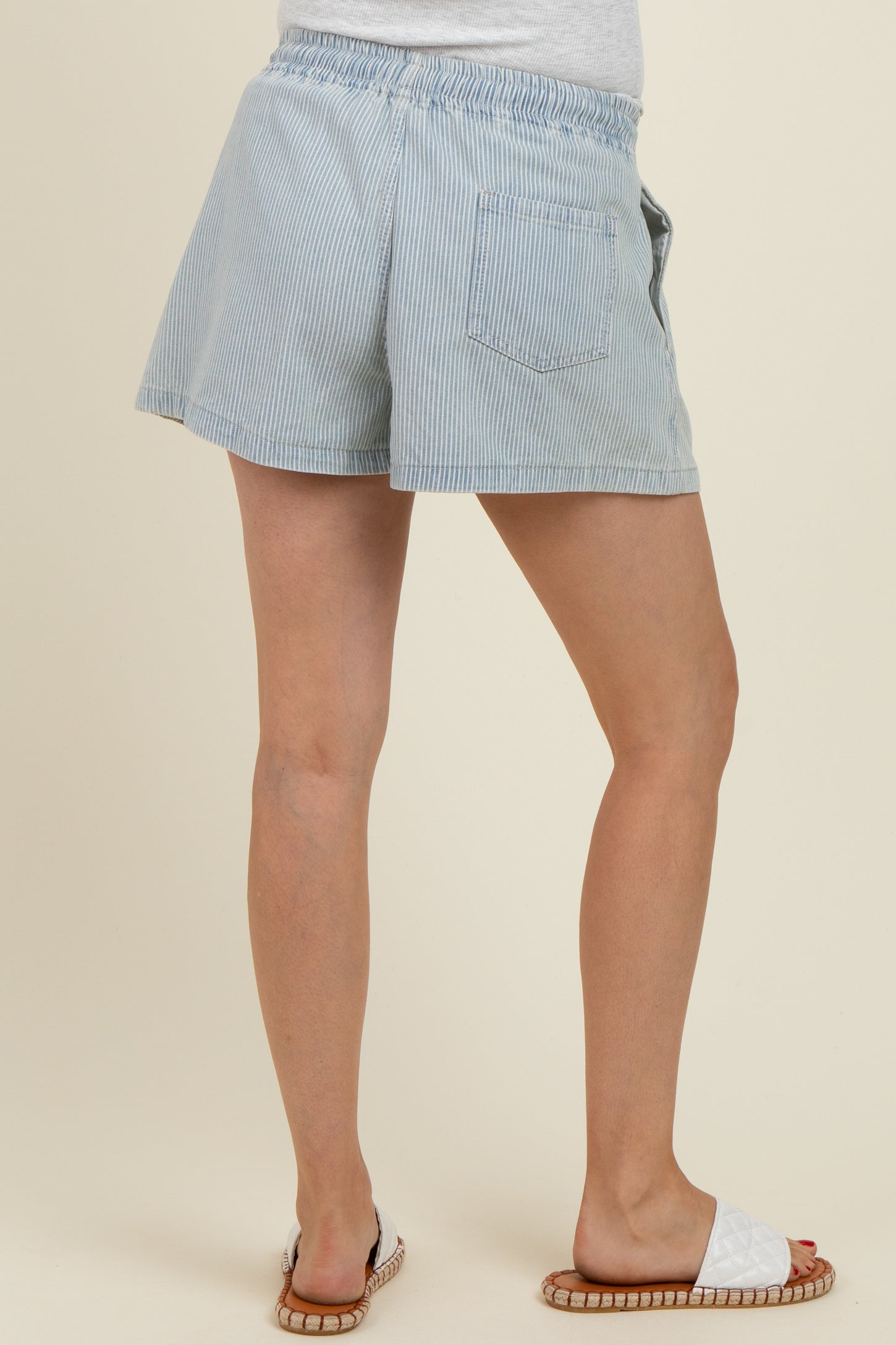 Light Blue Striped Drawstring Maternity Denim Shorts