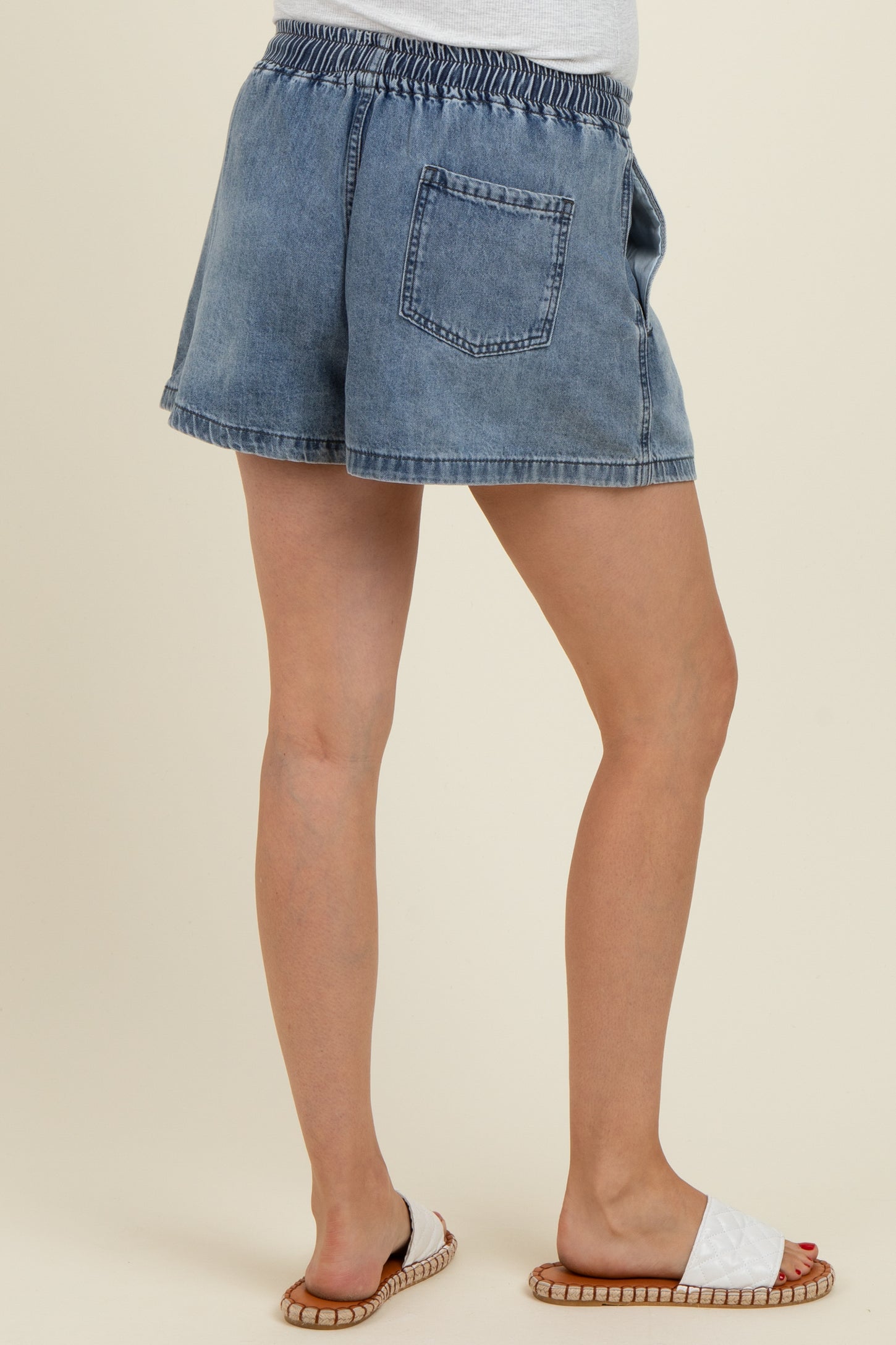 Blue Drawstring Maternity Denim Shorts