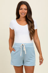 Light Blue Ribbed Texture Drawstring Maternity Shorts