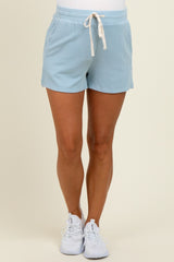 Light Blue Ribbed Texture Drawstring Maternity Shorts