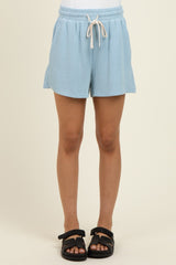 Light Blue Ribbed Texture Drawstring Shorts