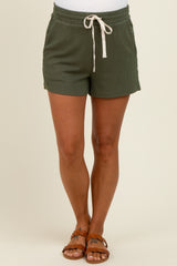 Olive Ribbed Texture Drawstring Maternity Shorts