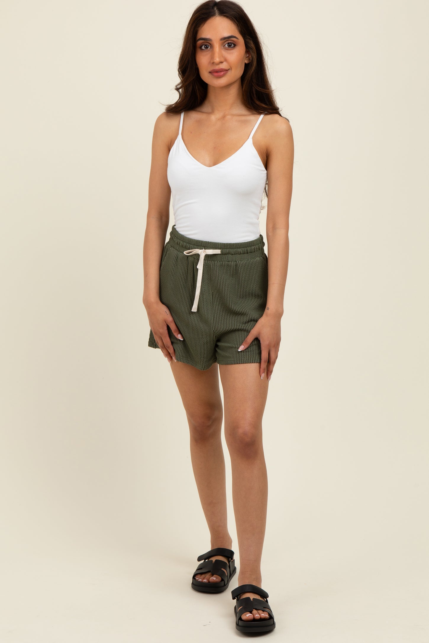 Olive Ribbed Texture Drawstring Shorts