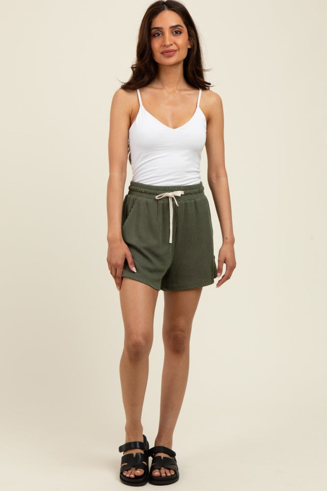 Olive Ribbed Texture Drawstring Maternity Shorts