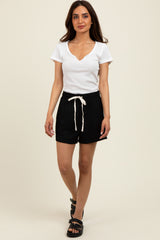 Black Ribbed Texture Drawstring Maternity Shorts