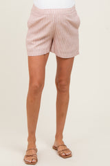 Beige Striped Linen Blend Maternity Shorts