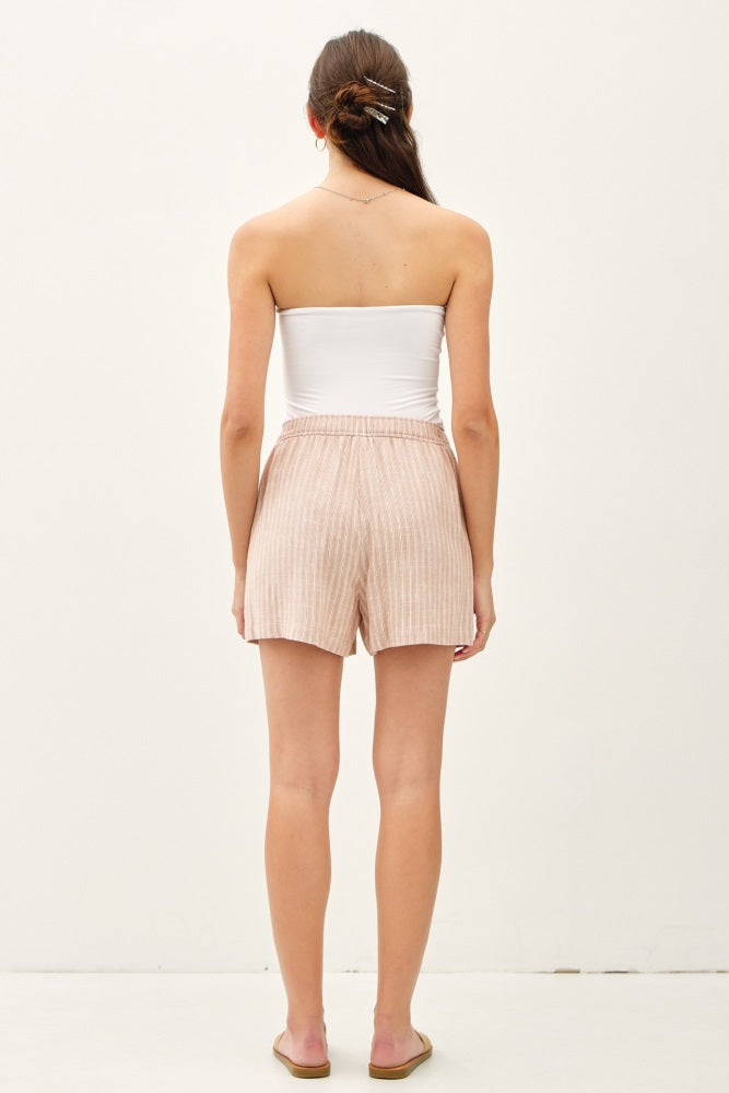 Beige Striped Linen Blend Shorts