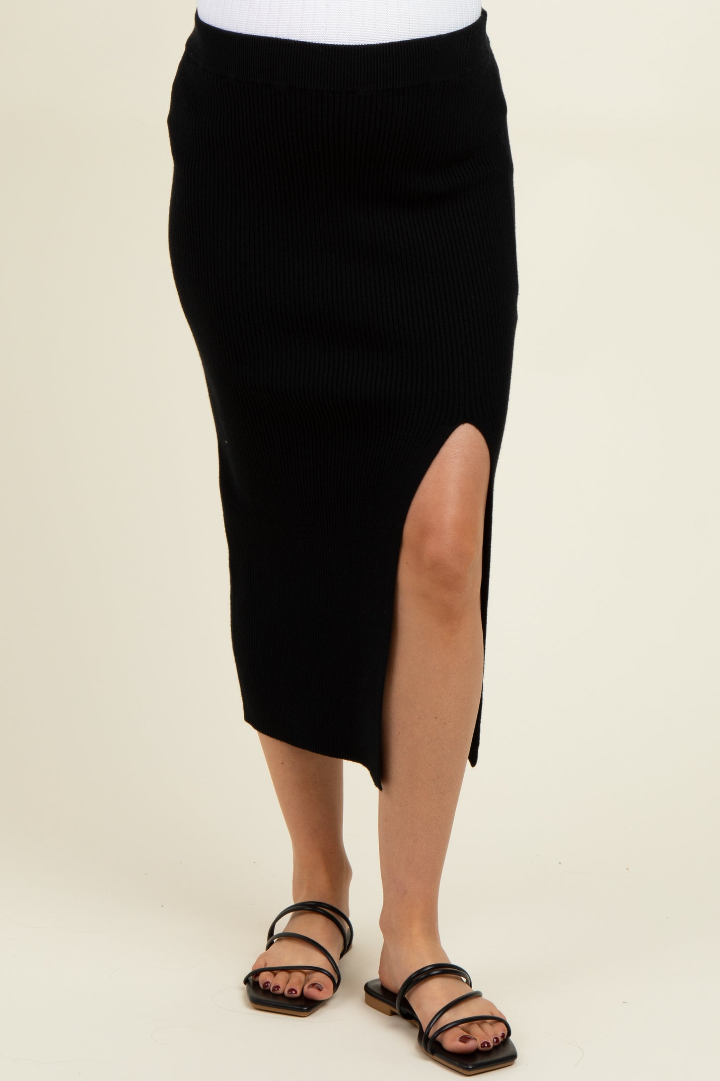 Black Ribbed Knit Side Slit Maternity Midi Skirt