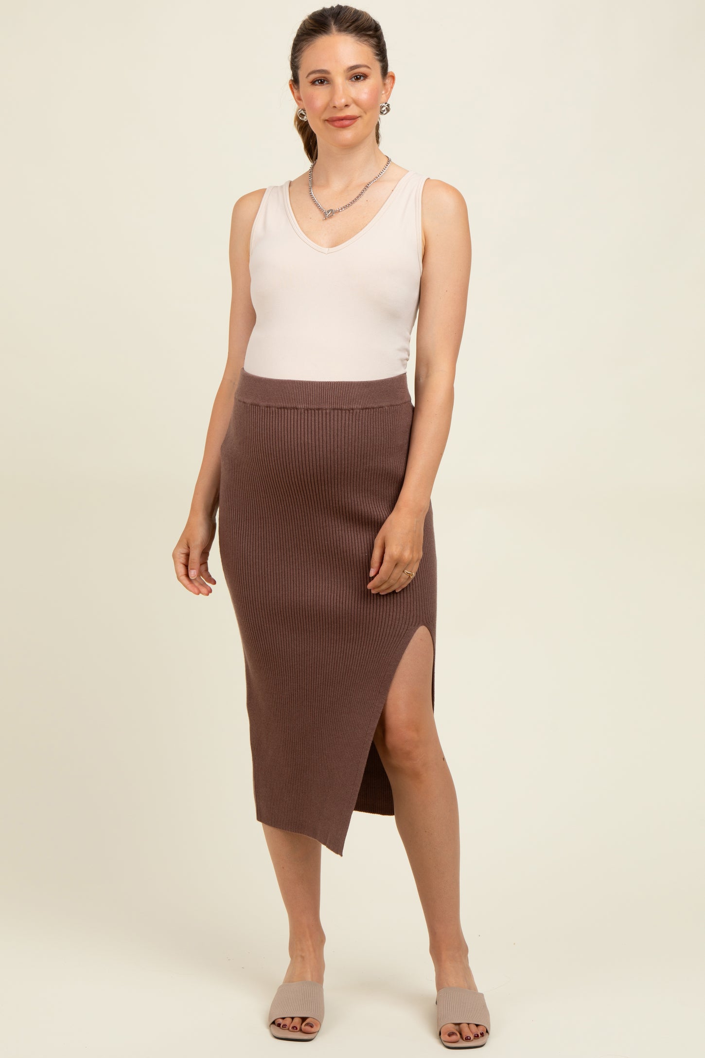 Mocha Ribbed Knit Side Slit Maternity Midi Skirt