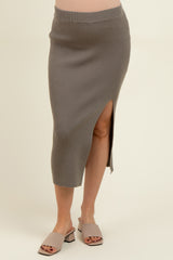 Olive Ribbed Knit Side Slit Maternity Midi Skirt