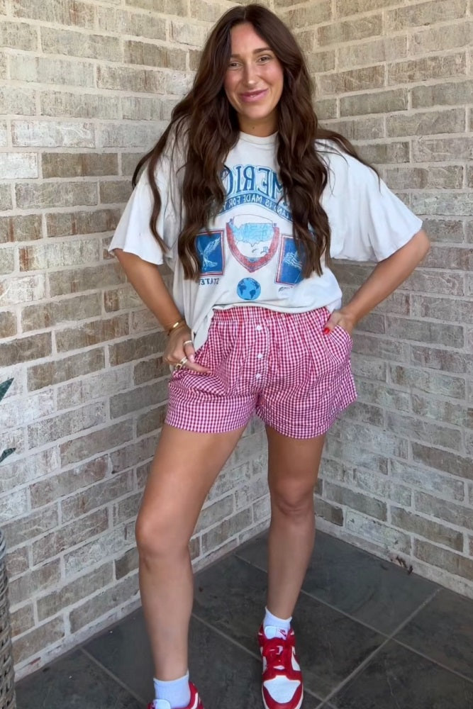Red Gingham Button Accent Shorts