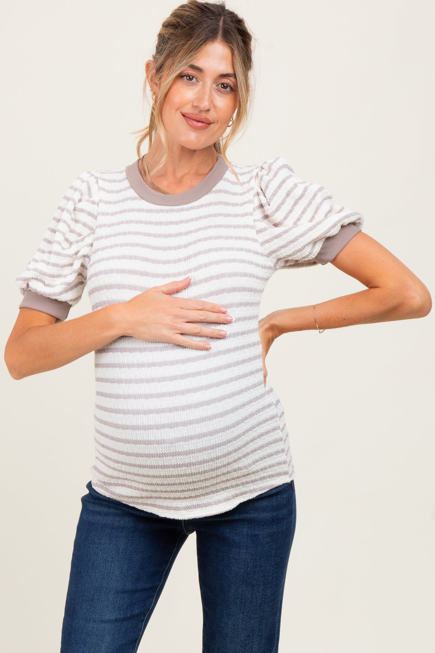 Ivory Striped Puff Short Sleeve Maternity Top
