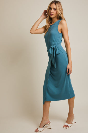 Teal Sleeveless Wrap Tie Waist Midi Dress