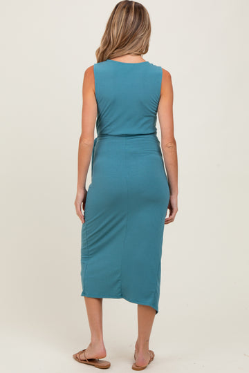 Teal Sleeveless Wrap Tie Waist Maternity Midi Dress