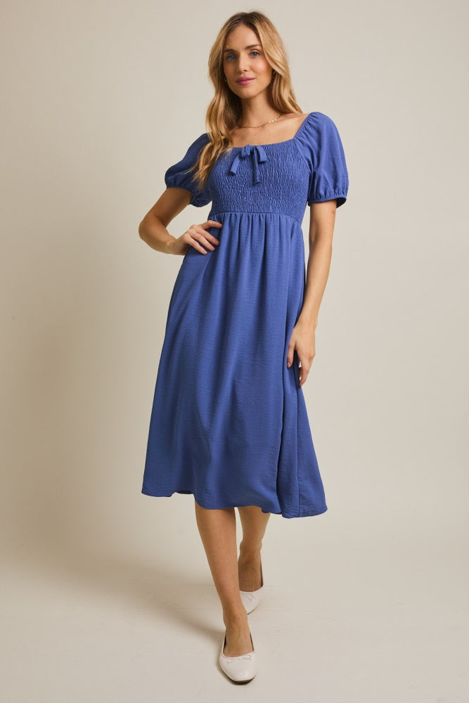 Navy Blue Smocked Square Neck Bow Detail Maternity Midi Dress