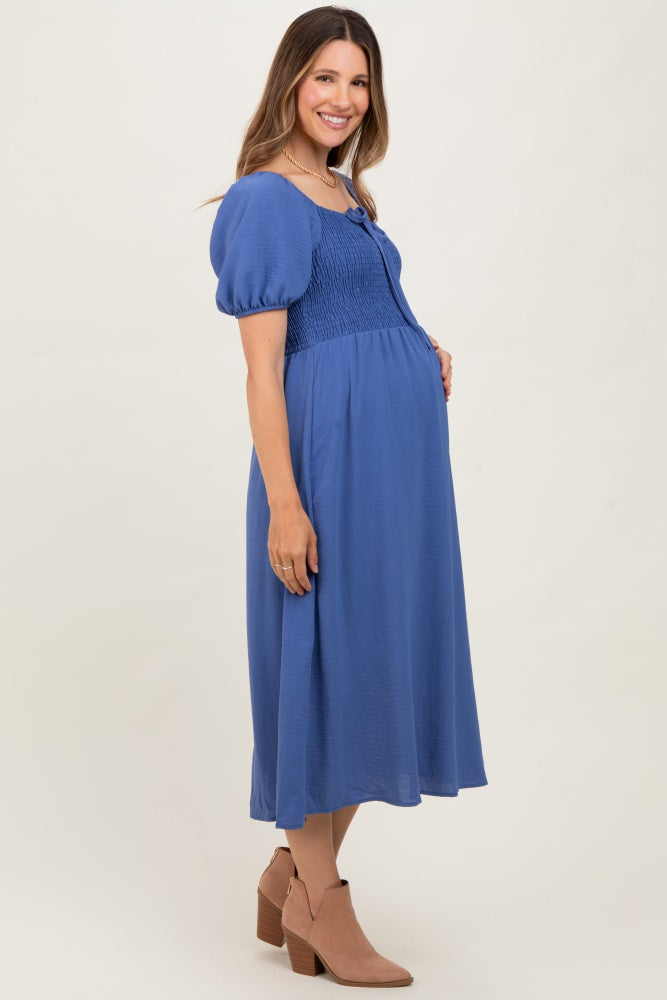 Navy Blue Smocked Square Neck Bow Detail Maternity Midi Dress