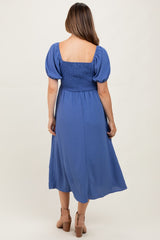Navy Blue Smocked Square Neck Bow Detail Maternity Midi Dress