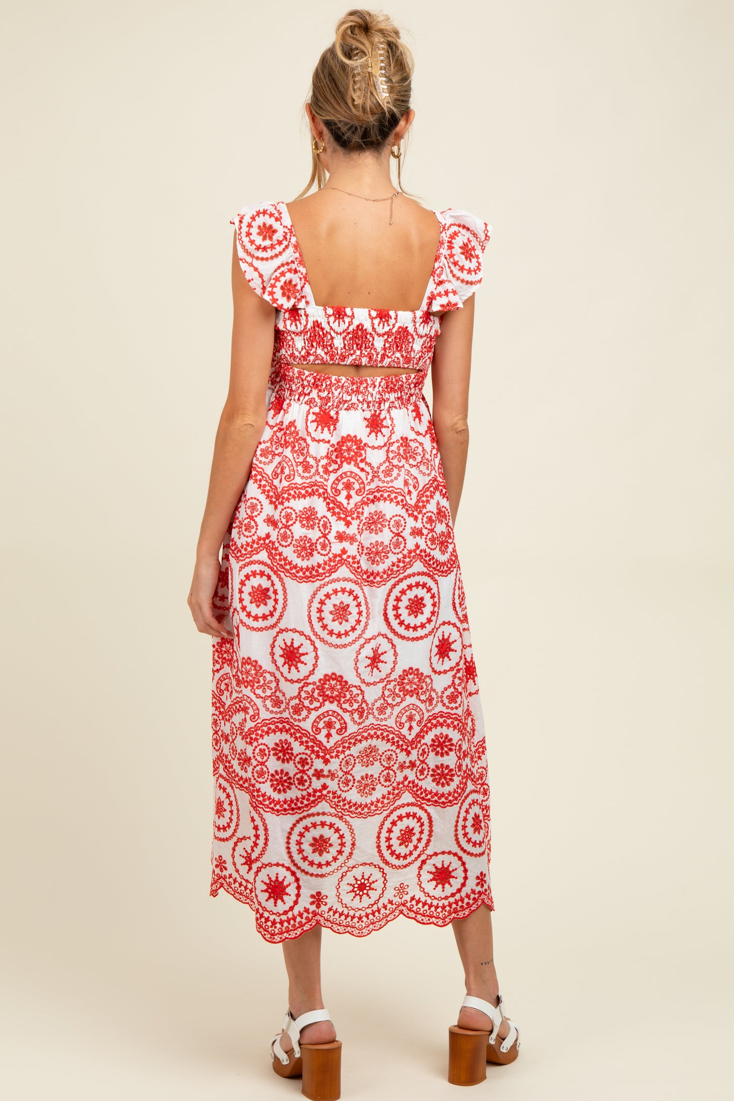Red Embroidered Smocked Cutout Maternity Midi Dress