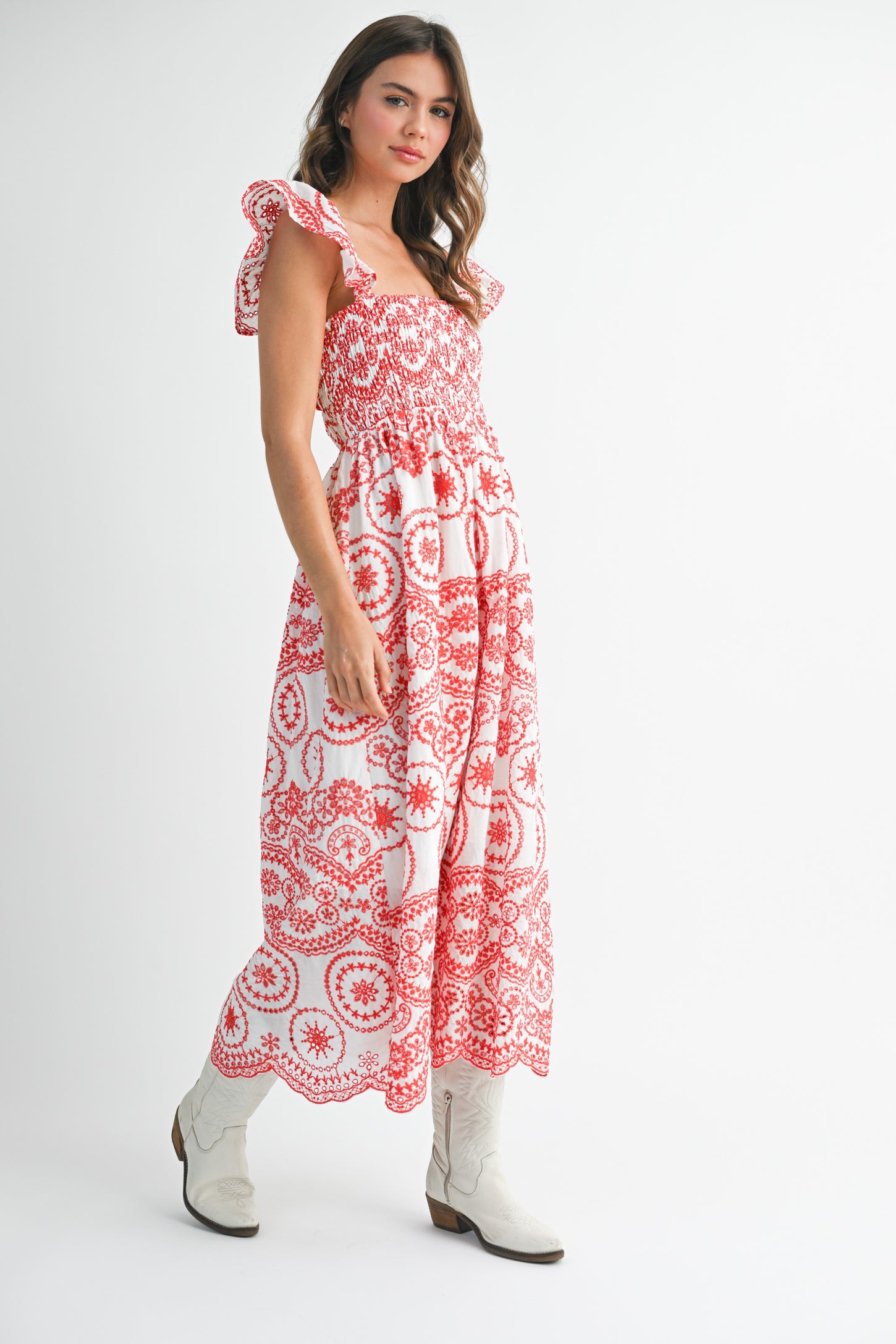Red Embroidered Smocked Cutout Midi Dress