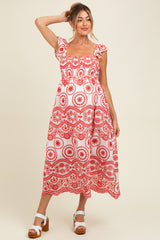 Red Embroidered Smocked Cutout Maternity Midi Dress