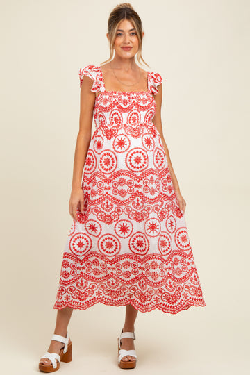 Red Embroidered Smocked Cutout Maternity Midi Dress