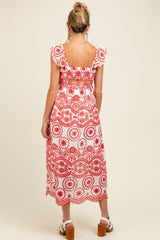 Red Embroidered Smocked Cutout Maternity Midi Dress